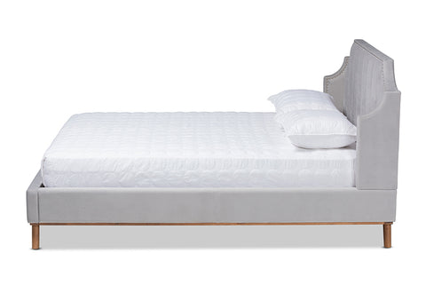 Baxton Studio Adelie Modern Glam Light Grey Velvet Fabric Upholstered Walnut Brown Finished Wood King Size Wingback Platform Bed