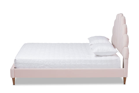 Baxton Studio Odille Modern Glam Light Pink Velvet Upholstered Walnut Brown Finished Wood Queen Size Seashell Shaped Platform Bed