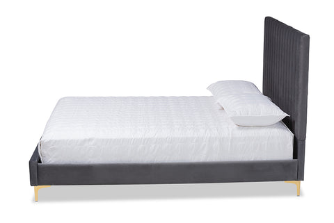 Baxton Studio Serrano Contemporary Glam and Luxe Grey Velvet Fabric Upholstered and Gold Metal Full Size Platform Bed