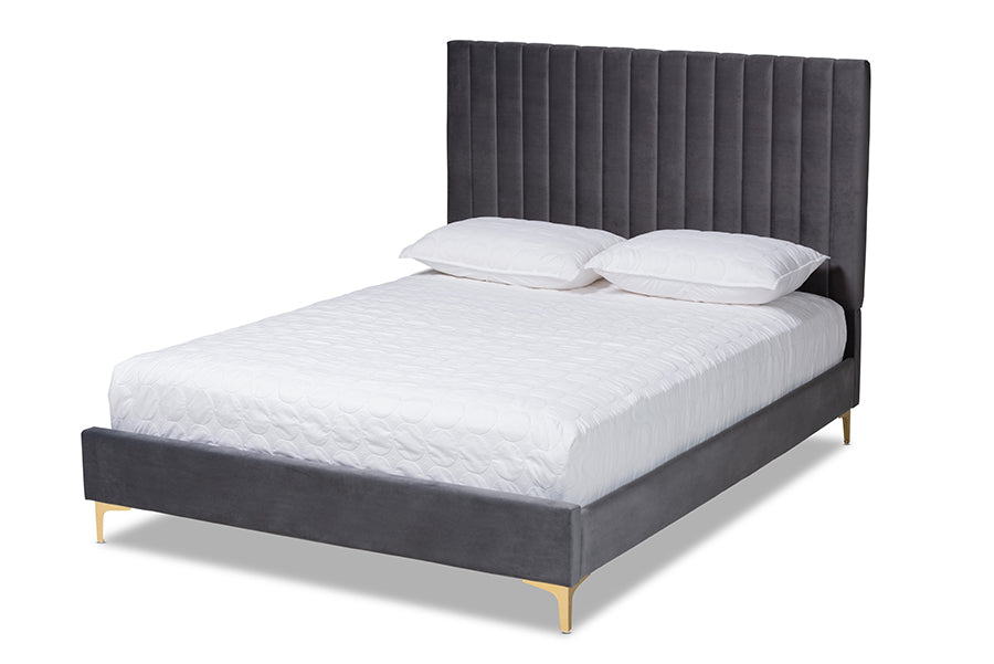 Baxton Studio Serrano Contemporary Glam and Luxe Grey Velvet Fabric Upholstered and Gold Metal Queen Size Platform Bed