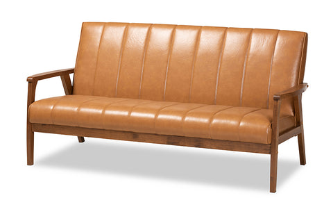Baxton Studio Nikko Mid-century Modern Tan Faux Leather Upholstered and Walnut Brown finished Wood Sofa