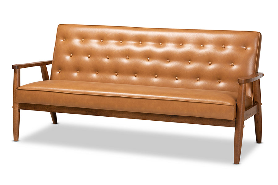Baxton Studio Sorrento Mid-Century Modern Tan Faux Leather Upholstered and Walnut Brown Finished Wood Sofa