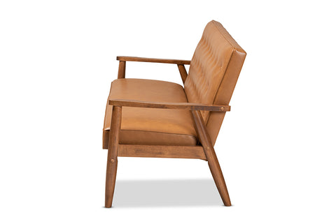 Baxton Studio Sorrento Mid-Century Modern Tan Faux Leather Upholstered and Walnut Brown Finished Wood Sofa