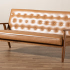 Baxton Studio Sorrento Mid-Century Modern Tan Faux Leather Upholstered and Walnut Brown Finished Wood Sofa