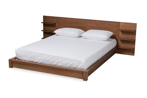 Baxton Studio Elina Modern and Contemporary Walnut Brown Finished Wood Queen Size Platform Storage Bed with Shelves