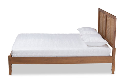 Baxton Studio Redmond Mid-Century Modern Walnut Brown Finished Wood and Synthetic Rattan Queen Size Platform Bed