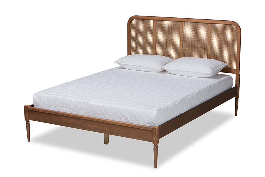 Baxton Studio Elston Mid-Century Modern Walnut Brown Finished Wood and Synthetic Rattan Full Size Platform Bed