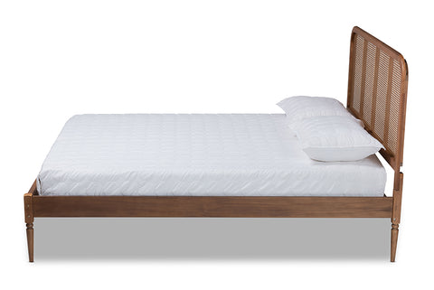 Baxton Studio Elston Mid-Century Modern Walnut Brown Finished Wood and Synthetic Rattan Queen Size Platform Bed