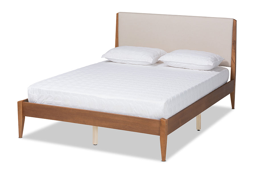 Baxton Studio Lenora Mid-Century Modern Beige Fabric Upholstered and Walnut Brown Finished Wood Full Size Platform Bed