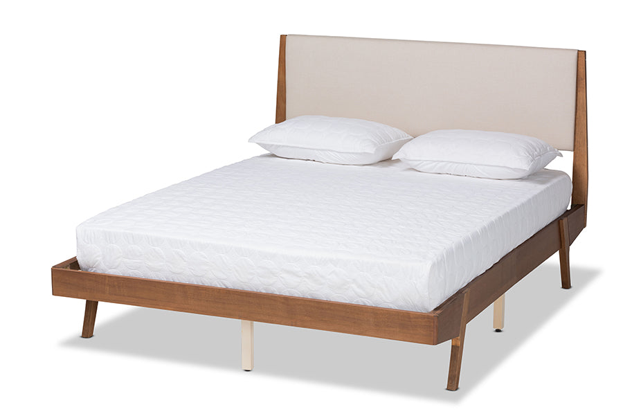 Baxton Studio Senna Mid-Century Modern Beige Fabric Upholstered and Walnut Brown Finished Wood Full Size Platform Bed