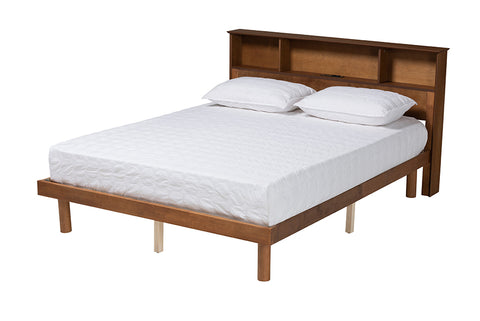 Baxton Studio Lochlan Mid-Century Modern Transitional Walnut Brown Finished Wood Full Size Platform Bed with Charging Station