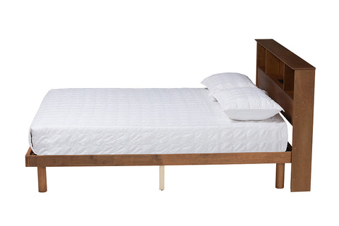 Baxton Studio Lochlan Mid-Century Modern Transitional Walnut Brown Finished Wood Full Size Platform Bed with Charging Station