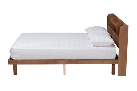 Baxton Studio Harper Mid-Century Modern Transitional Walnut Brown Finished Wood Full Size Platform Bed with Charging Station