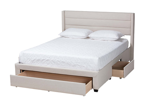 Baxton Studio Braylon Mid-Century Modern Transitional Beige Fabric and Dark Brown Finished Wood Queen Size 3-Drawer Storage Platform Bed