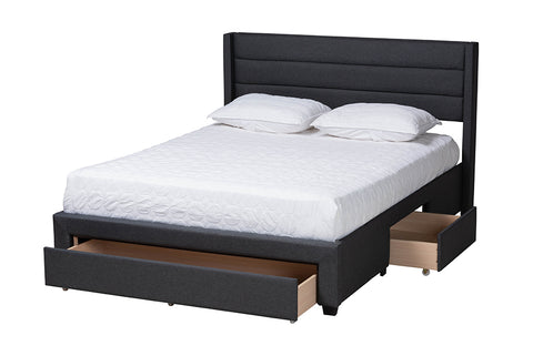 Baxton Studio Braylon Mid-Century Modern Transitional Charcoal Grey Fabric and Dark Brown Finished Wood Queen Size 3-Drawer Storage Platform Bed