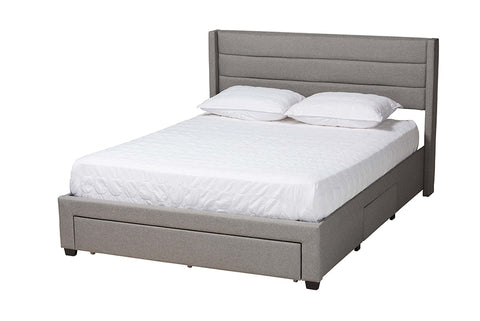 Baxton Studio Braylon Mid-Century Modern Transitional Light Grey Fabric and Dark Brown Finished Wood Queen Size 3-Drawer Storage Platform Bed