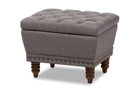 Baxton Studio Annabelle Modern and Contemporary Light Grey Fabric Upholstered Walnut Wood Finished Button-Tufted Storage Ottoman