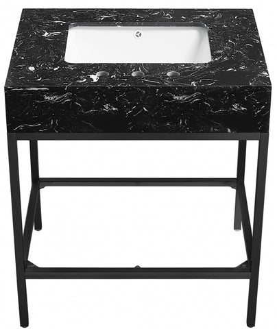 Meridian Furniture Marmo 30" Engineered Stone Top, Steel And Glass Base Vanity - Black