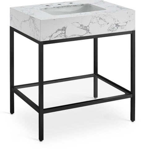 Meridian Furniture Marmo 30" Engineered Stone Top, Steel And Glass Base Vanity - Black