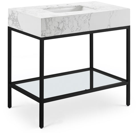 Meridian Furniture Marmo 36" Engineered Stone Top, Steel And Glass Base Vanity - Black