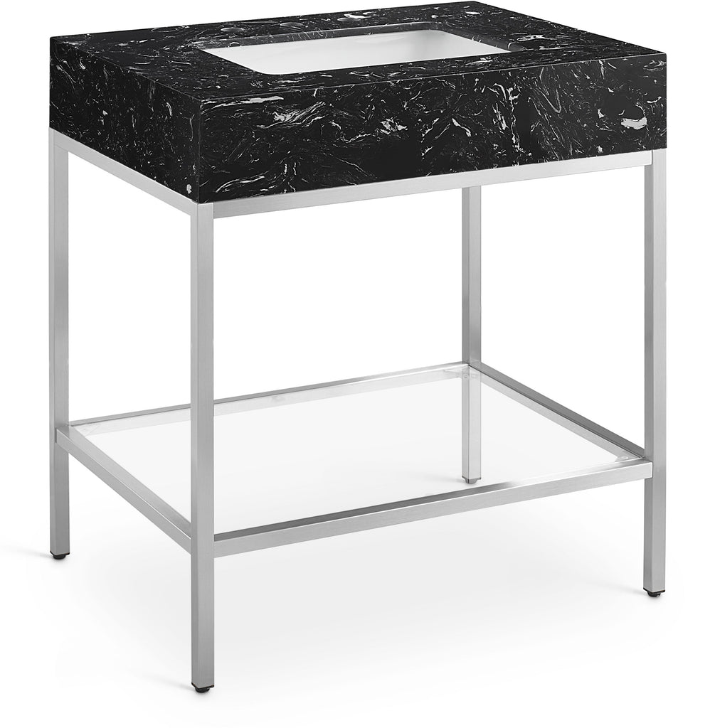 Meridian Furniture Marmo 30" Engineered Stone Top, Steel And Glass Base Vanity - Chrome