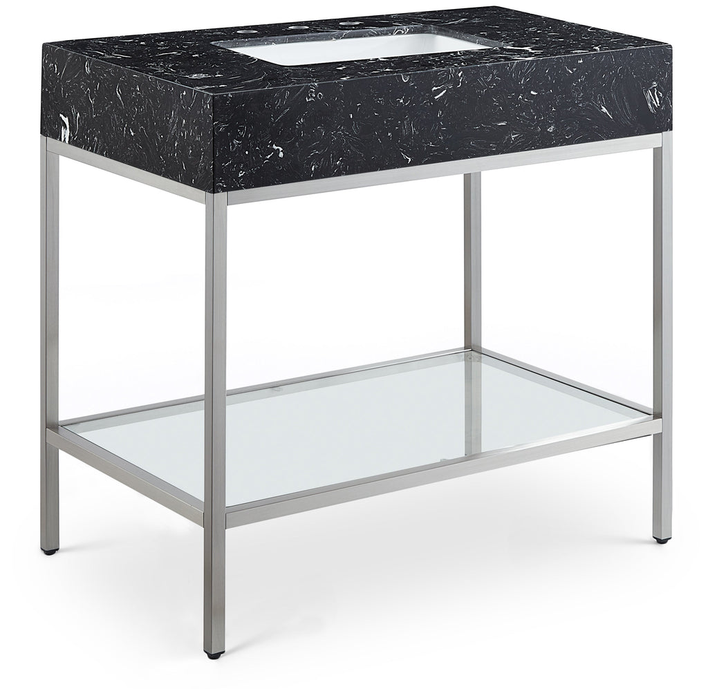 Meridian Furniture Marmo 36" Engineered Stone Top, Steel And Glass Base Vanity - Chrome