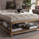 Baxton Studio Carlotta French Country Weathered Oak Beige Linen Square Coffee Table Ottoman