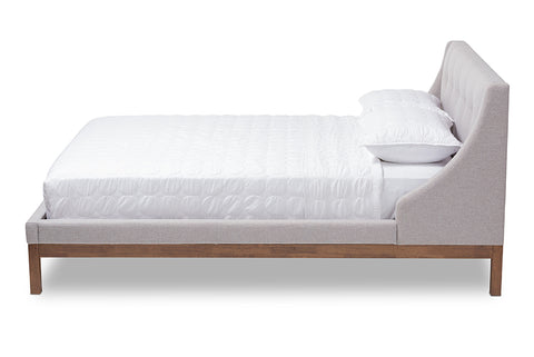 Baxton Studio Louvain Modern and Contemporary Greyish Beige Fabric Upholstered Walnut-Finished Queen Sized Platform Bed