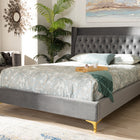 Baxton Studio Valery Modern and Contemporary Dark Gray Velvet Fabric Upholstered Queen Size Platform Bed with Gold-Finished Legs