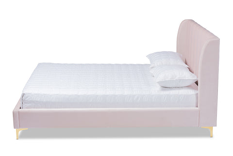 Baxton Studio Saverio Glam and Luxe Light Pink Velvet Fabric Upholstered Queen Size Platform Bed with Gold-Tone Legs
