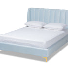Baxton Studio Saverio Glam and Luxe Light Blue Velvet Fabric Upholstered Queen Size Platform Bed with Gold-Tone Legs