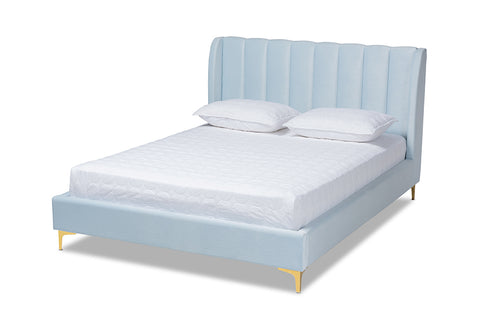 Baxton Studio Saverio Glam and Luxe Light Blue Velvet Fabric Upholstered Queen Size Platform Bed with Gold-Tone Legs