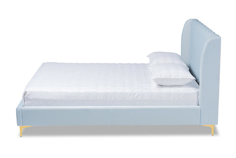Baxton Studio Saverio Glam and Luxe Light Blue Velvet Fabric Upholstered Queen Size Platform Bed with Gold-Tone Legs