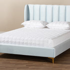 Baxton Studio Saverio Glam and Luxe Light Blue Velvet Fabric Upholstered Queen Size Platform Bed with Gold-Tone Legs