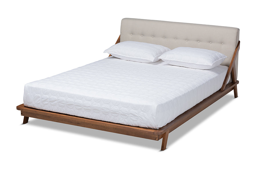 Baxton Studio Sante Mid-Century Modern Light Beige Fabric Upholstered Wood Queen Size Platform Bed