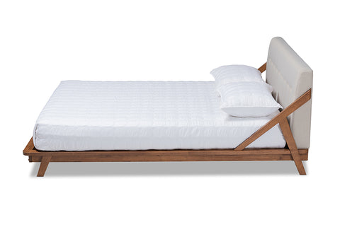 Baxton Studio Sante Mid-Century Modern Light Beige Fabric Upholstered Wood Queen Size Platform Bed