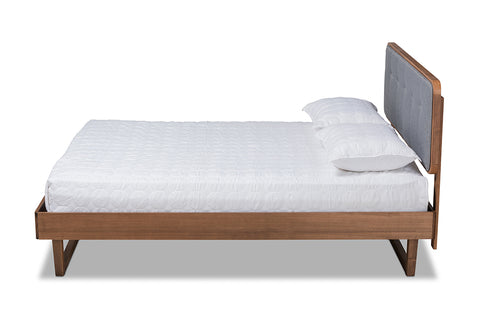 Baxton Studio Natalia Mid-Century Modern Dark Grey Fabric Upholstered and Ash Walnut Finished Wood Queen Size Platform Bed