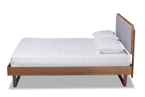 Baxton Studio Natalia Mid-Century Modern Light Grey Fabric Upholstered and Ash Walnut Finished Wood Queen Size Platform Bed