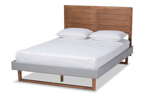 Baxton Studio Claudia Rustic Modern Light Grey Fabric Upholstered and Walnut Brown Finished Wood King Size Platform Bed