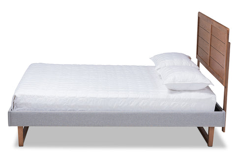 Baxton Studio Claudia Rustic Modern Light Grey Fabric Upholstered and Walnut Brown Finished Wood King Size Platform Bed
