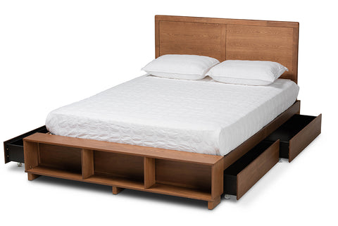 Baxton Studio Tamsin Modern Transitional Ash Walnut Brown Finished Wood Queen Size 4-Drawer Platform Storage Bed with Built-In Shelves
