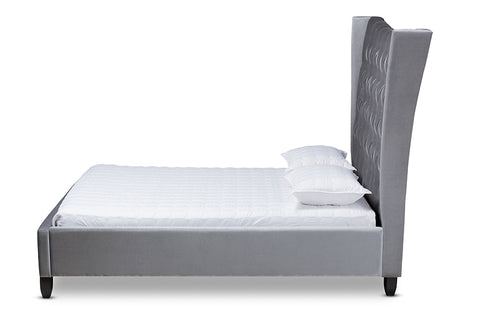 Baxton Studio Viola Glam and Luxe Grey Velvet Fabric Upholstered and Button Tufted Queen Size Platform Bed with Tall Wingback Headboard