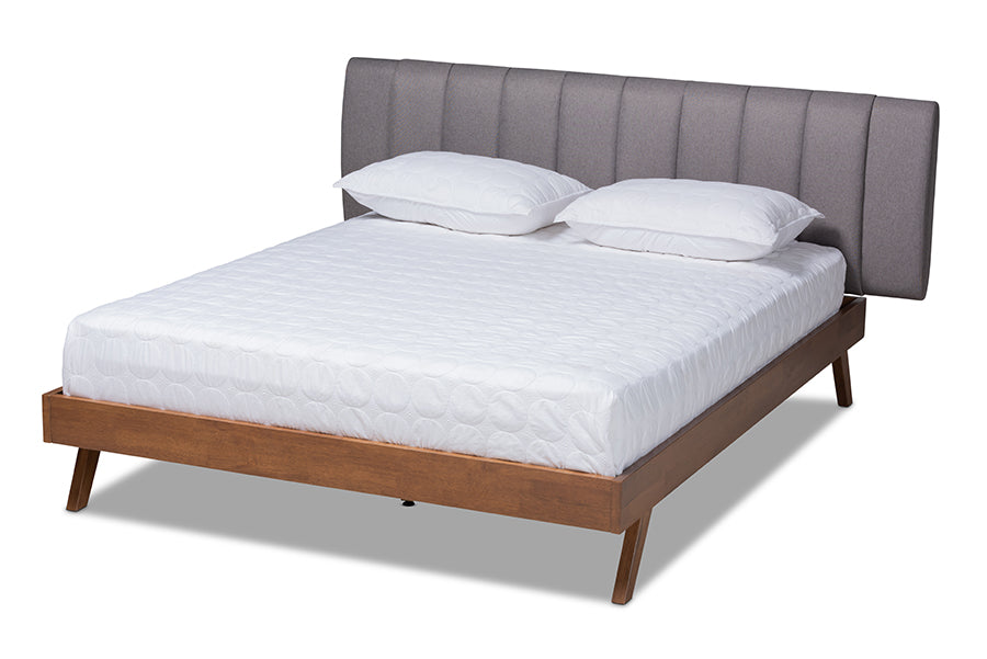 Baxton Studio Brita Mid-Century Modern Grey Fabric Upholstered Walnut Finished Wood King Size Bed