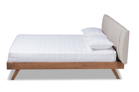 Baxton Studio Brita Mid-Century Modern Light Beige Fabric Upholstered Walnut Finished Wood Queen Size Bed