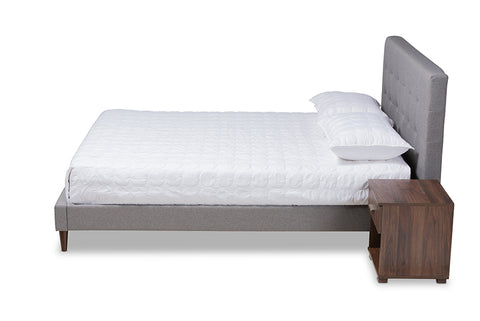 Baxton Studio Maren Mid-Century Modern Light Grey Fabric Upholstered Queen Size Platform Bed with Two Nightstands