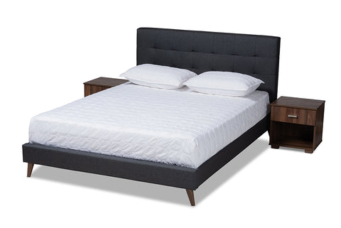 Baxton Studio Maren Mid-Century Modern Dark Grey Fabric Upholstered Queen Size Platform Bed with Two Nightstands