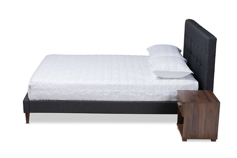Baxton Studio Maren Mid-Century Modern Dark Grey Fabric Upholstered Queen Size Platform Bed with Two Nightstands