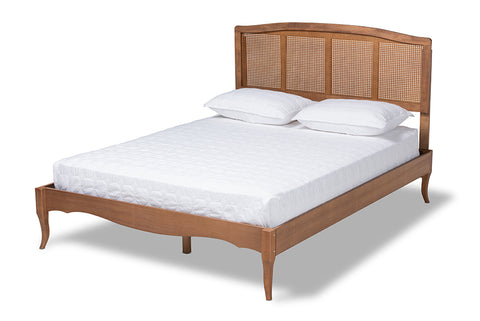 Baxton Studio Marieke Vintage French Inspired Ash Wanut Finished Wood and Synthetic Rattan Full Size Platform Bed