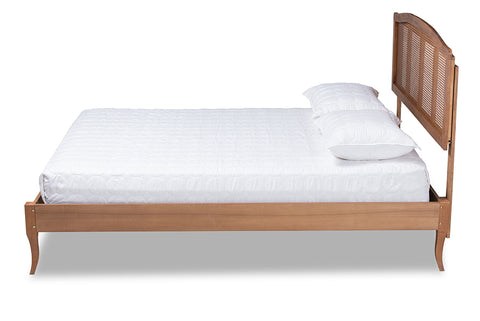 Baxton Studio Marieke Vintage French Inspired Ash Wanut Finished Wood and Synthetic Rattan Queen Size Platform Bed