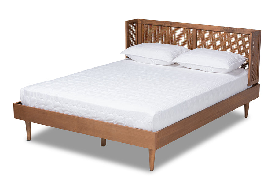 Baxton Studio Rina Mid-Century Modern Ash Wanut Finished Wood and Synthetic Rattan Full Size Platform Bed with Wrap-Around Headboard